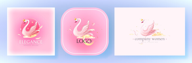 Elegant Swan Logo set. Valentines day greeting vector cards . 8 March. International Women's Day.