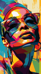 A pop art portrait of a modern-day icon, reimagined in bold colors, graphic elements, and a playful attitude