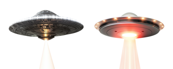 Set of UFO with abduction beam isolated on transparent background.