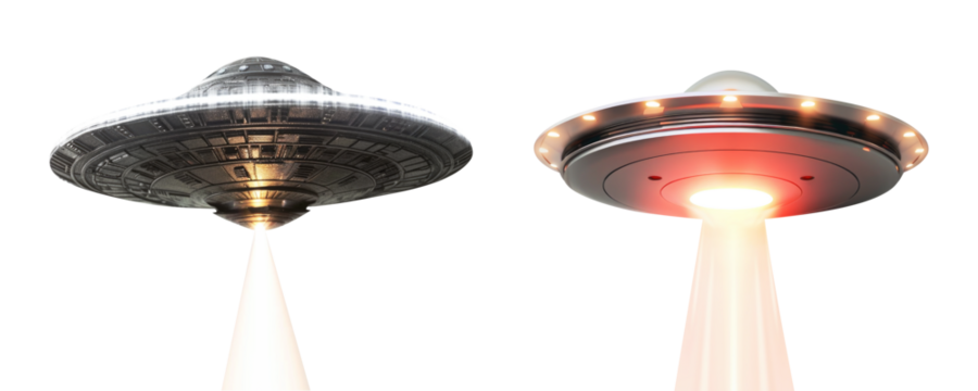 Set of UFO with abduction beam isolated on transparent background.