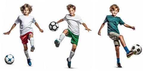 Fototapeta na wymiar 3 Boys soccer players in dynamic poses, isolated on a white background. Sport for youth