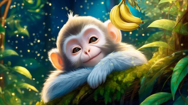 Lullaby in the forest.  A monkey in the forest is watching bananas that are swinging on a branch. Loop video background for lullabies. Generated with Ai