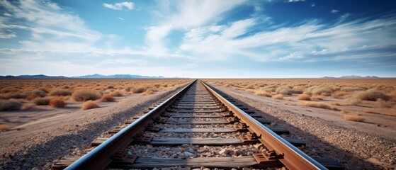 Railway in the desert with blue sky and white clouds background.