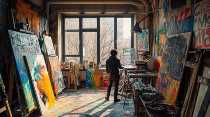 A painter stands back to ponder the progress of a vibrant abstract painting in a bright, art-filled studio. AIG41