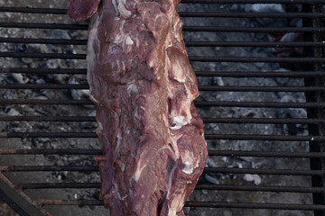 Barbecue. Tenderloin in the grill with a charcoal fire.