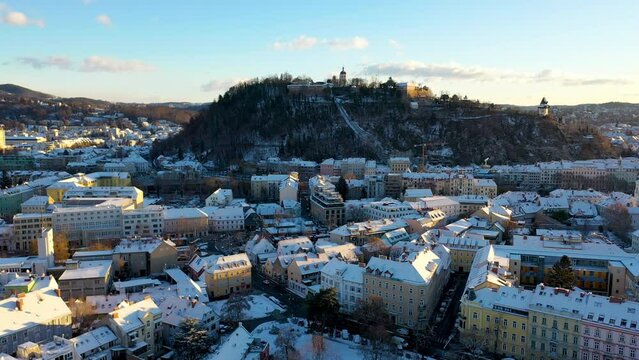 Graz castle aerial skyline view graz austria at winter snow downtown old town view.