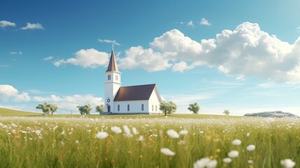Church in the meadow with blue sky.