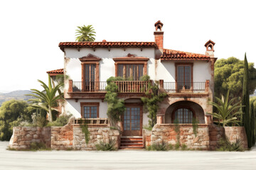 Fototapeta na wymiar Rustic Spanish Hacienda Showcasing Stucco Walls and Traditional Tiled Roof Isolated on Transparent Background