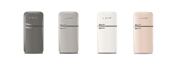 Modern fridges. Realistic coolers, refrigerators for home or restaurant kitchen and cold products storage. 3d Vector