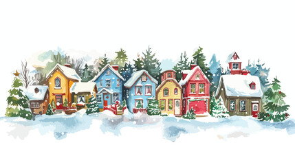 Watercolor Christmas village with colorful houses 