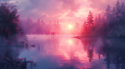 an art print of a painting of a lake and vegetation on, in the style of soft gradients, romantic illustration, light violet, 8k resolution, fictional landscapes, smokey background, light red and sky-b
