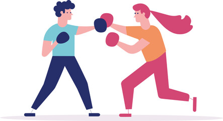 Two cartoon characters in sportswear are boxing, one with blue attire, the other in pink. Fitness training exercise, flat design style. Boxing workout, gender-neutral sport vector illustration.