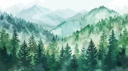 Watercolor Forest tree illustration. Mountain landscape