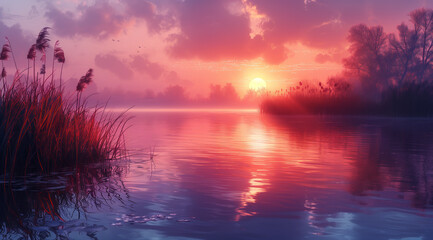 an art print of a painting of a lake and vegetation on, in the style of soft gradients, romantic illustration, light violet, 8k resolution, fictional landscapes, smokey background, light red and sky-b - obrazy, fototapety, plakaty