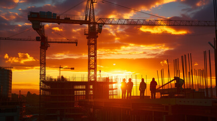 Construction site silhouette during sunset, workers getting ready to go home and rest for the next day. - obrazy, fototapety, plakaty