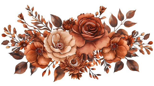 watercolor flower bouquet, roses, peony, aster, poppy, foliage, elegant, pale muted terracotta colors, cut out on white background. generative AI