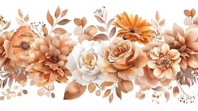 watercolor flower bouquet, roses, peony, aster, poppy, foliage, elegant, pale muted terracotta colors, cut out on white background. generative AI