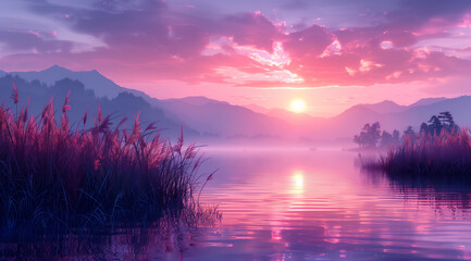 an art print of a painting of a lake and vegetation on, in the style of soft gradients, romantic illustration, light violet, 8k resolution, fictional landscapes, smokey background, light red and sky-b