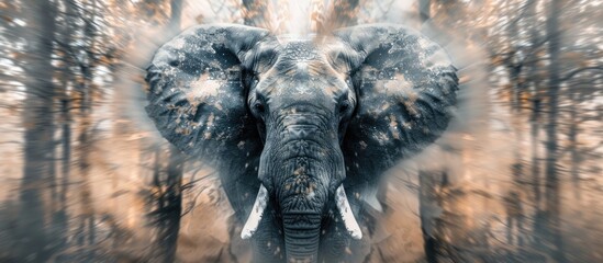 An elephant with large tusks stands in the middle of a forest, surrounded by trees. The blurred background highlights the massive size of the elephant in its natural habitat. - Powered by Adobe