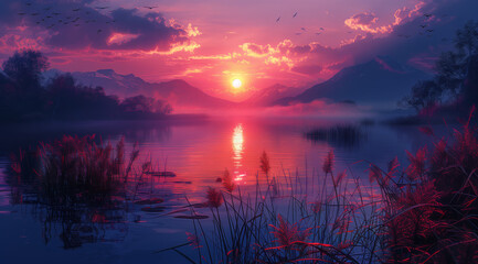 Fototapeta na wymiar an art print of a painting of a lake and vegetation on, in the style of soft gradients, romantic illustration, light violet, 8k resolution, fictional landscapes, smokey background, light red and sky-b