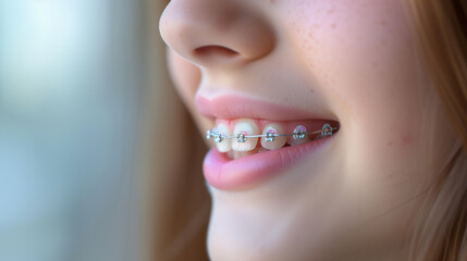 Braces on a pre-teen girls teeth. Concept for oral health and corrective adjustments while young.