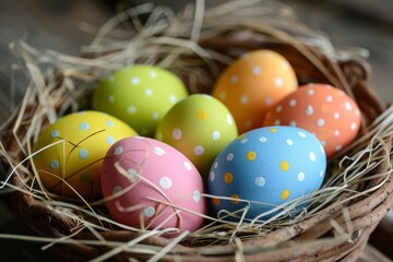 Obraz na płótnie Canvas Brightly colored dotted Easter eggs arranged in a wicker basket, showcasing a playful and festive springtime spirit