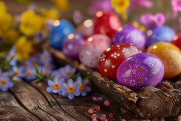 Obraz na płótnie Canvas A vibrant array of Easter eggs decorated with floral patterns amidst spring blossoms on a rustic wooden table
