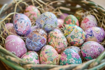 Fototapeta na wymiar Numerous decorated Easter eggs with floral and intricate designs presented in a weaved basket