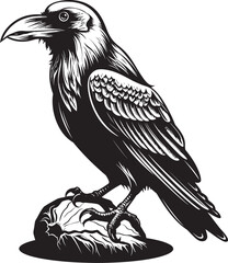 Fototapeta premium Mysterious Raven on Skull Symbol Vector Logo Concept Brooding Raven and Skull Icon Vector Graphic Design