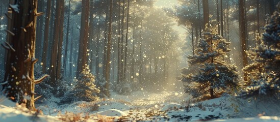 A dense forest of pine trees covered in snow, with sunlight filtering through the branches and snowfall gently descending on the white landscape.