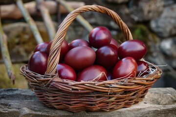A basket filled with dark red eggs rests on an aged stone wall, blending tradition with natural rustic charm