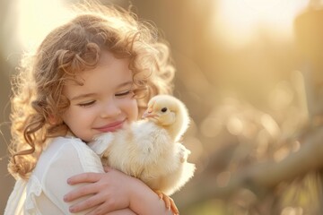 A little girl with curly hair gently embraces a baby chick in a warm, sunlit setting, epitomizing innocence and care