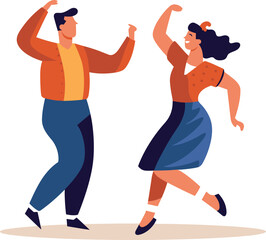 Stylish man and woman dancing cheerfully, man in orange jacket, woman in flowing dress. Retro dance party, joyful movement and fun atmosphere vector illustration.