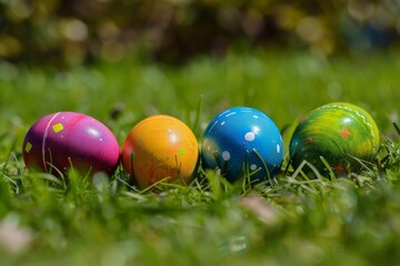 Fototapeta na wymiar A quartet of vibrant Easter eggs rest on a lush green lawn, signaling the arrival of the spring season