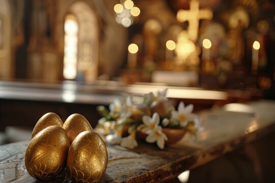 Serene image of golden Easter eggs on a wooden altar, with soft church lighting and symbolic religious background