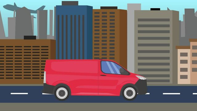 Delivery car ride on the way in front of city, 2D flat animation seamless loop