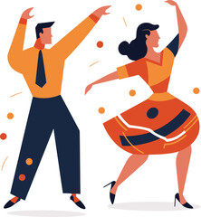Retro style couple dancing energetically. Woman in an orange dress with man in vintage outfit swing dance. Joyful dance moves and leisure activity vector illustration.