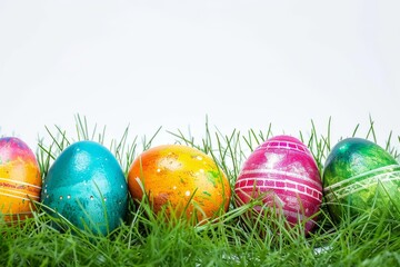 Fototapeta premium The beauty of the handmade colorful easter eggs sitting on green grass against a white background. Created with Generative AI.