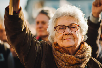 People protest at demonstration for financial crisis on the streets - Elderly woman in crowd fight for global economy. - obrazy, fototapety, plakaty
