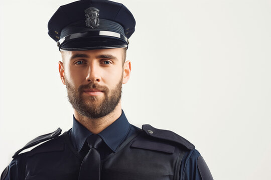 Portrait of policeman in uk, england on white background.