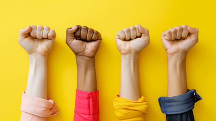 Diverse group of fists on yellow background. Concept for women power or demanding and protesting.