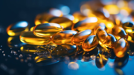 Fish oil capsule close up, concept of healthy diet and healthy food supplements