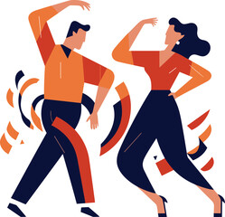 Stylish couple dancing energetically, man in orange shirt, woman in blue pants. Joyful dance moves, dynamic poses, retro vibes vector illustration.