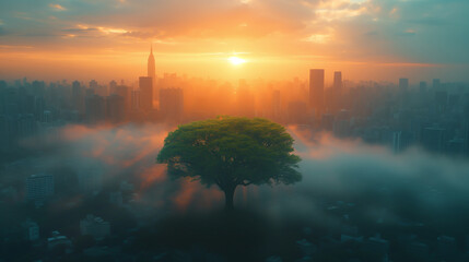Giant tree in urban cityscape with skyscrapers all around, and sun shining through fog. Lungs of city, nature in traces. Generative AI - 746829007