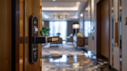 Open hotel door lock with focus on modern RFID tech mechanism.