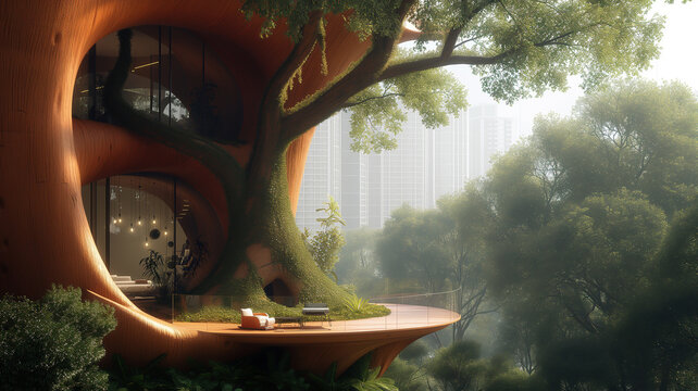 Urban green architecture design of building in tree shape with modern balcony with cityscape with skyscrapers in background. Generative AI