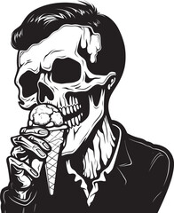 Hauntingly Delicious Skeleton Licking Soft Serve Logo Icy Delight Soft Ice Cream with Skeleton Vector