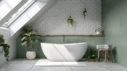 Sunny green tiled bathroom interior with freestanding tub and windows