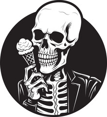Frozen Frights Soft Ice Cream with Skeleton Icon Hauntingly Delicious Skeleton Enjoying Soft Serve Vector