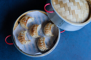 Spicy Chicken Potsticker served on a dumpling steamer, social media post, food photography, fine...